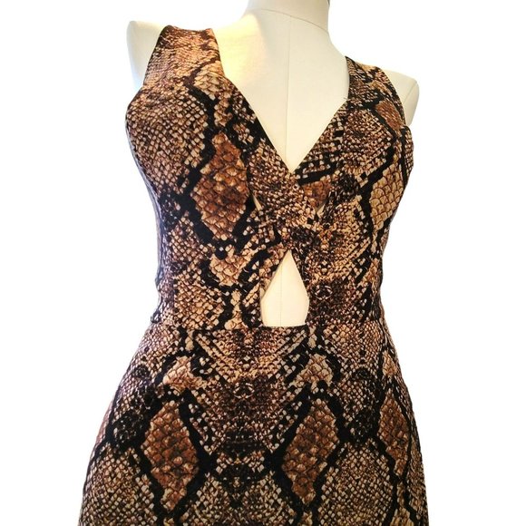 Bebe x Naven Dress Brown Black Faux Snakeskin Bodycon Deep V Mini Size 8 VR607 - Picture 4 of 11